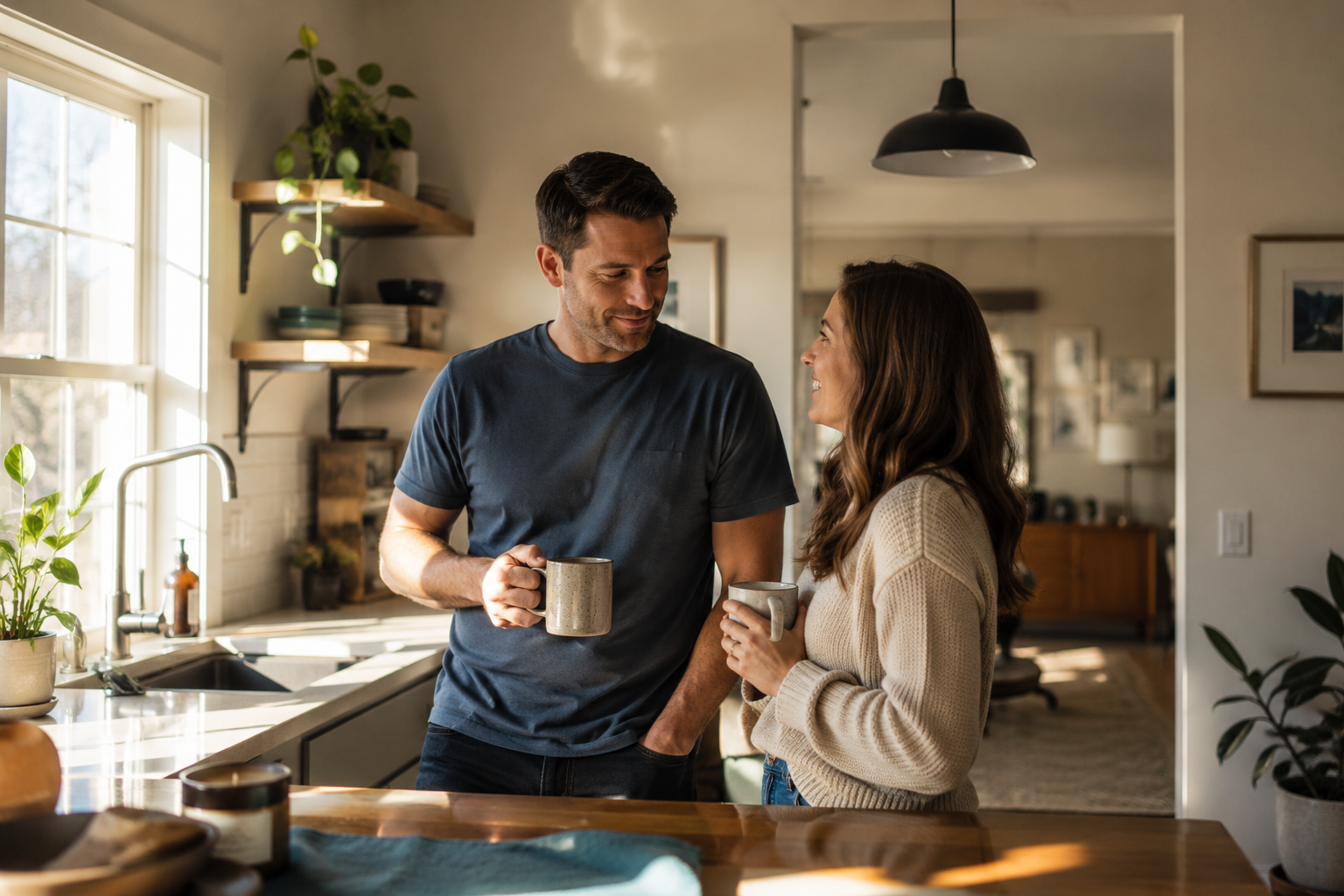 A couple connecting at home — what good therapy supports.