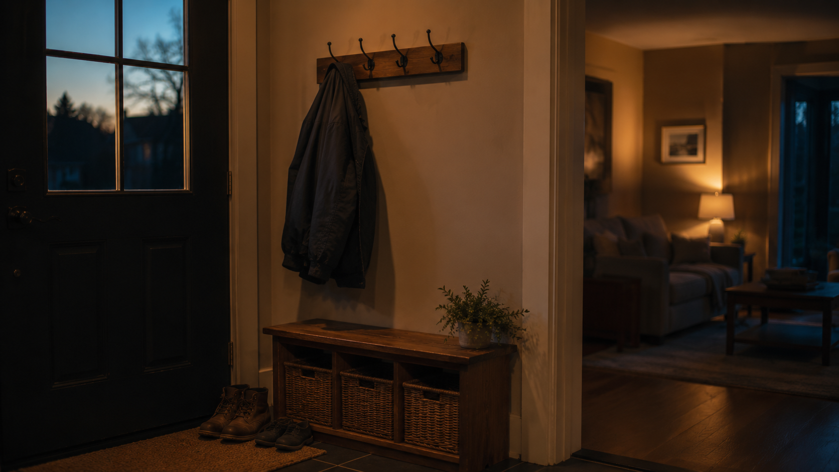 A quiet home entryway at dusk, jacket on the hook and boots by the door